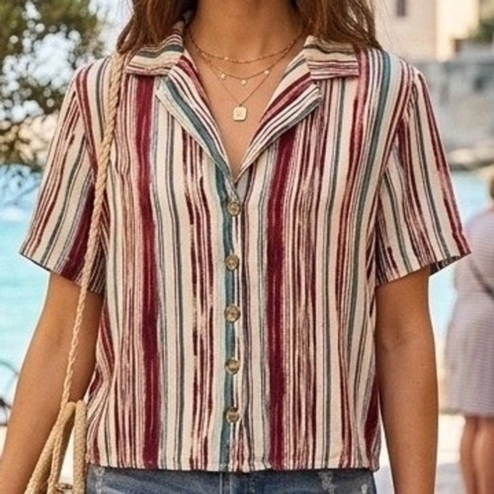 Society + Stitch Striped Camp Collar Button Up Shirt Multicolor M Boho Coastal